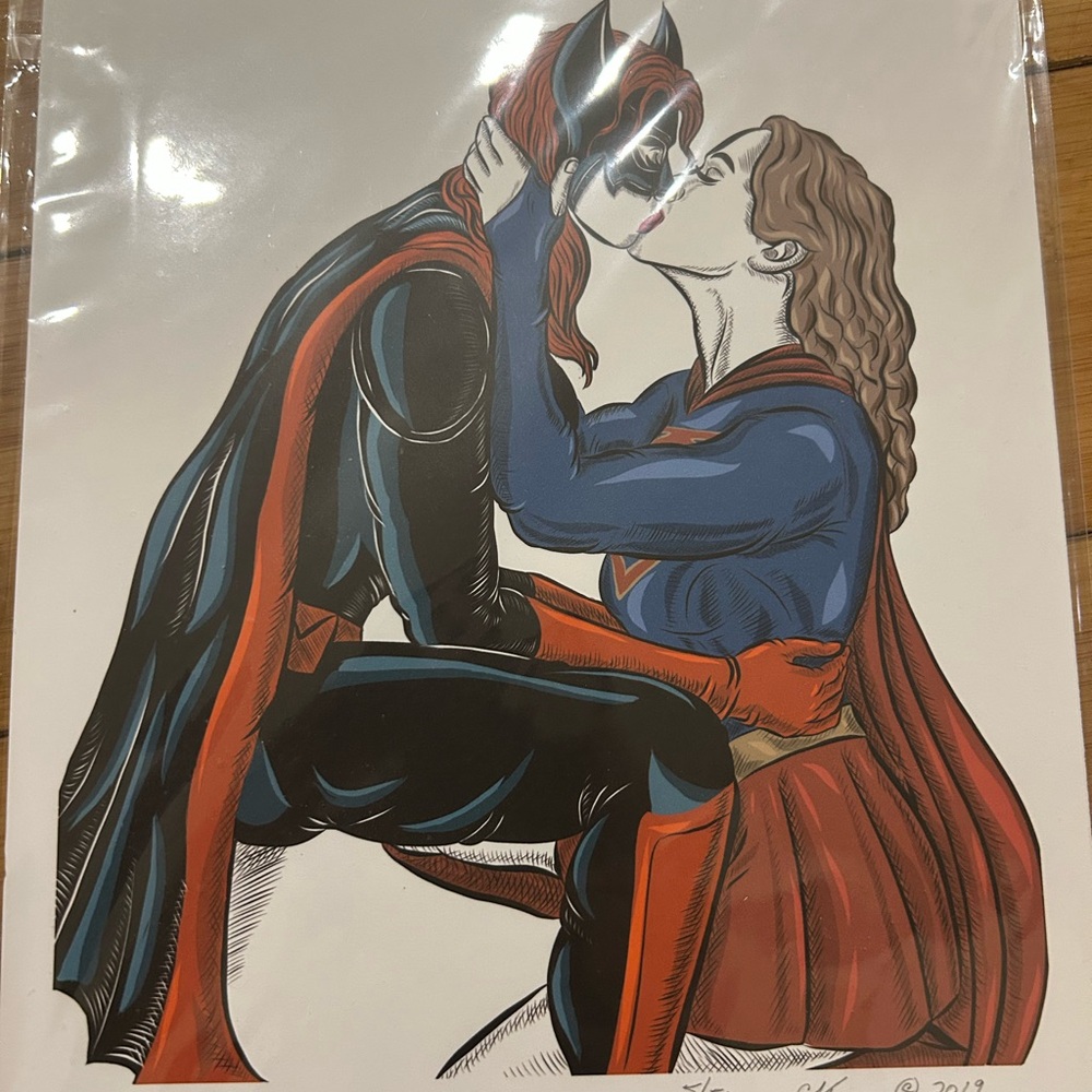 Queer/Lesbian Superhero Art Illustration with Batwoman and Supergirl